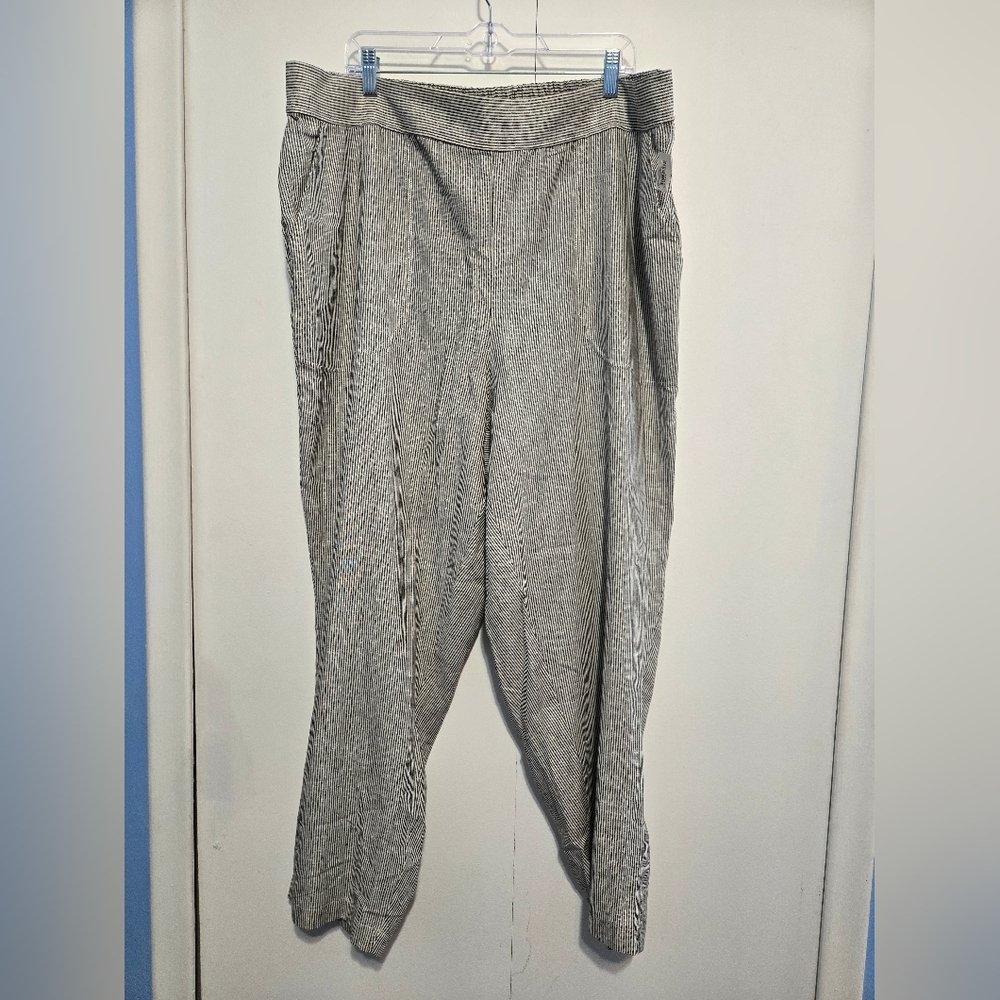 Max Studio Linen Blend Pants 3X NWT‎ Black White Stripe Pull On Wide Leg